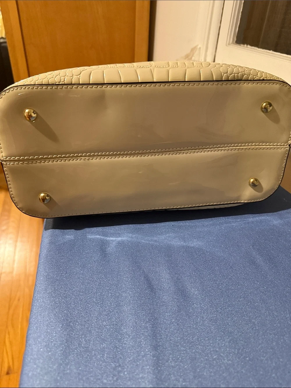 Elegant Cream Croc-Embossed Top-Handle Satchel with Jewel Accent